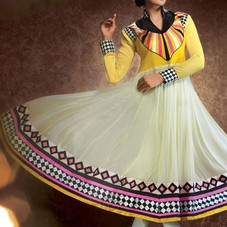 Cream, Yellow Georgette  Resham Emboidered Ankle Length Suit