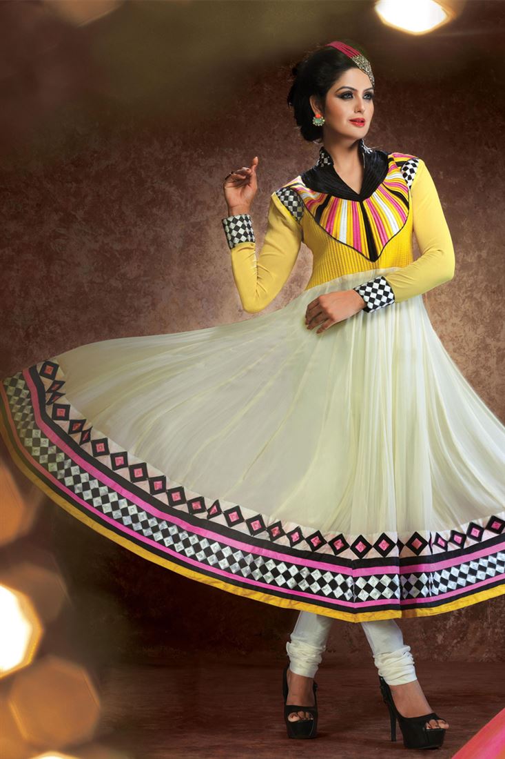 Cream, Yellow Georgette  Resham Emboidered Ankle Length Suit