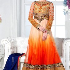 Orange, Cream, Golden Net Resham Embroidered Anarkali Suit