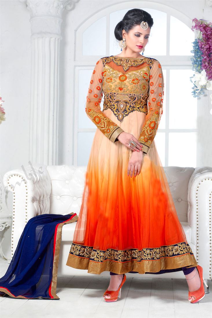Orange, Cream, Golden Net Resham Embroidered Anarkali Suit