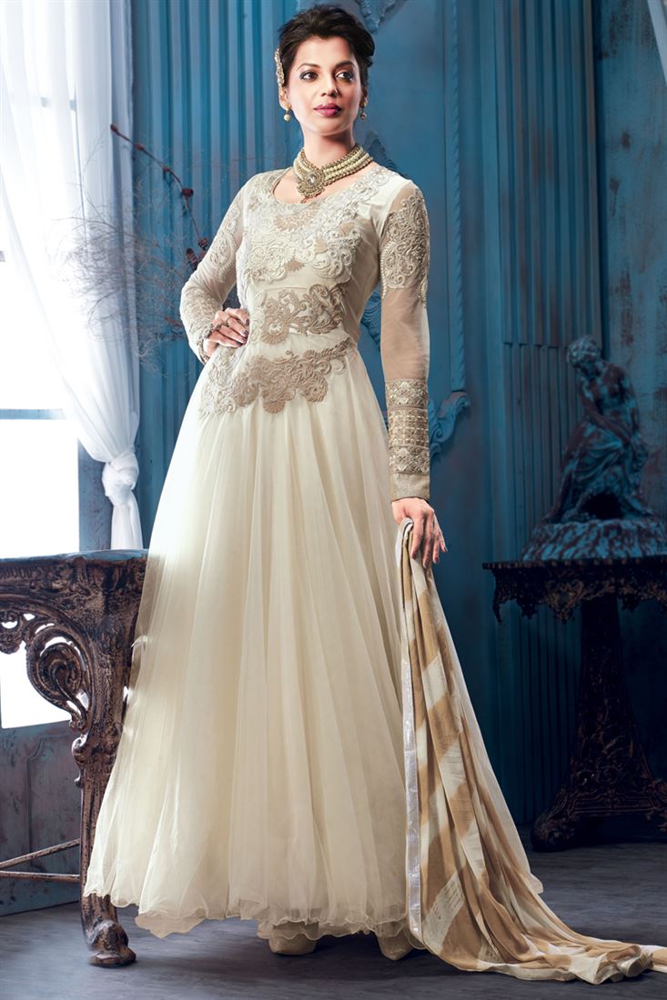 Mugdha Godse Cream Georgettte Designer Floor Touch Suit