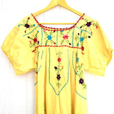 Women's embroidered mexican peasant dress Long Maxi tent Yellow Pink Blue Floral Ethnic Hippie Folk Boho-chic Vintage 70's