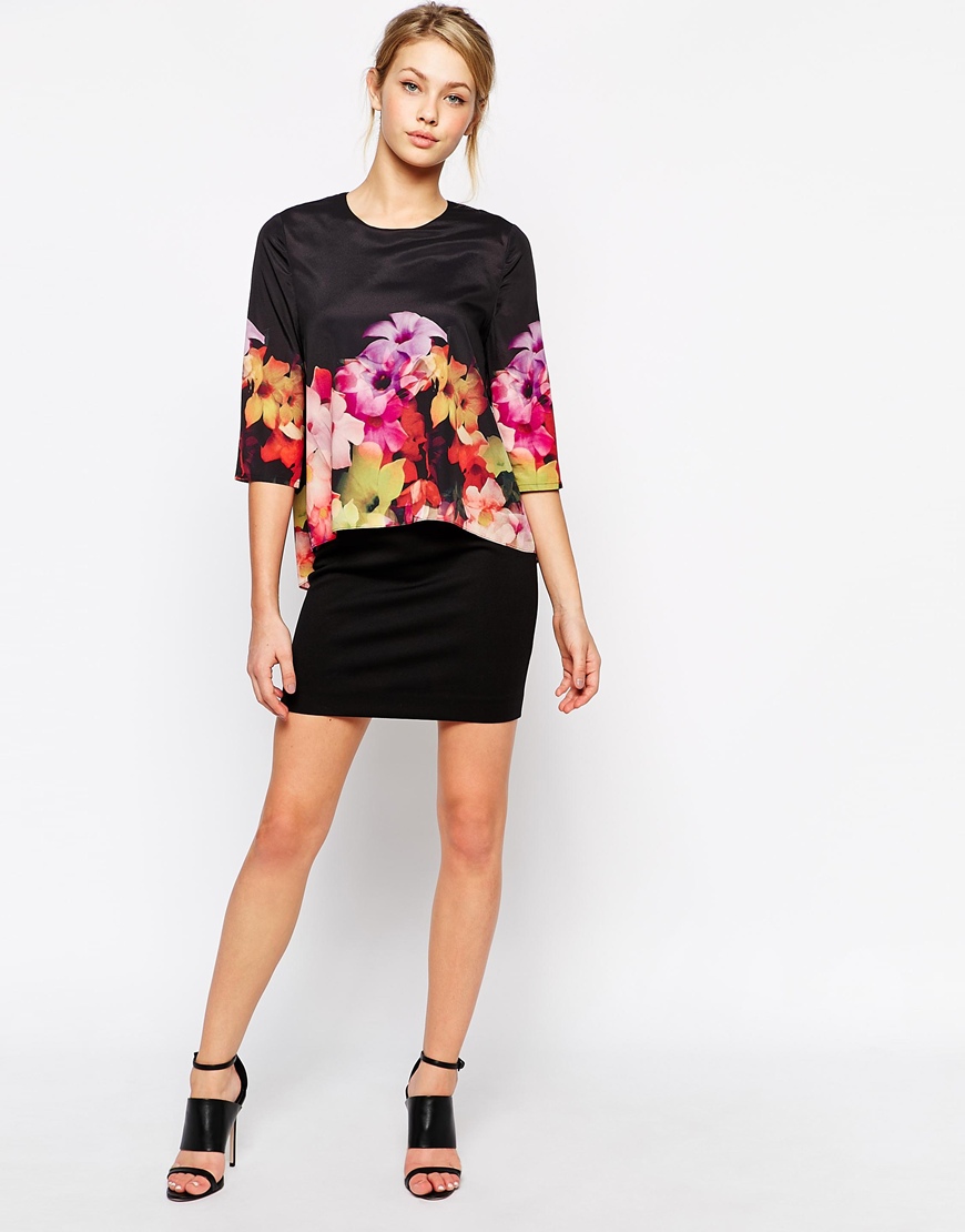 Ted Baker Tunic Dress With Overlay in Cascading Floral Print