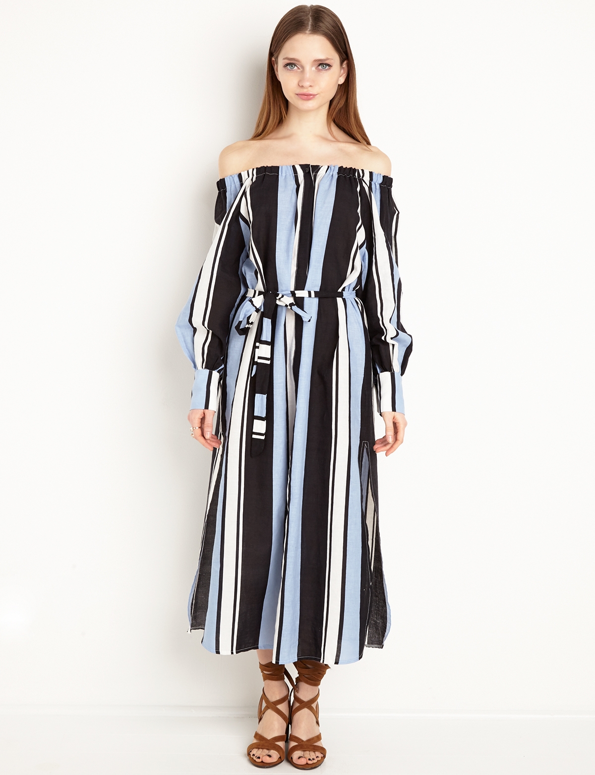 Striped Off the Shoulder Midi Dress