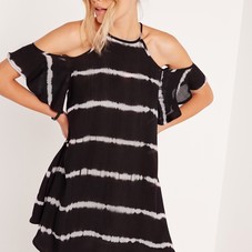 Tie Dye Frill Arms Cold Shoulder Dress Black - Missguided