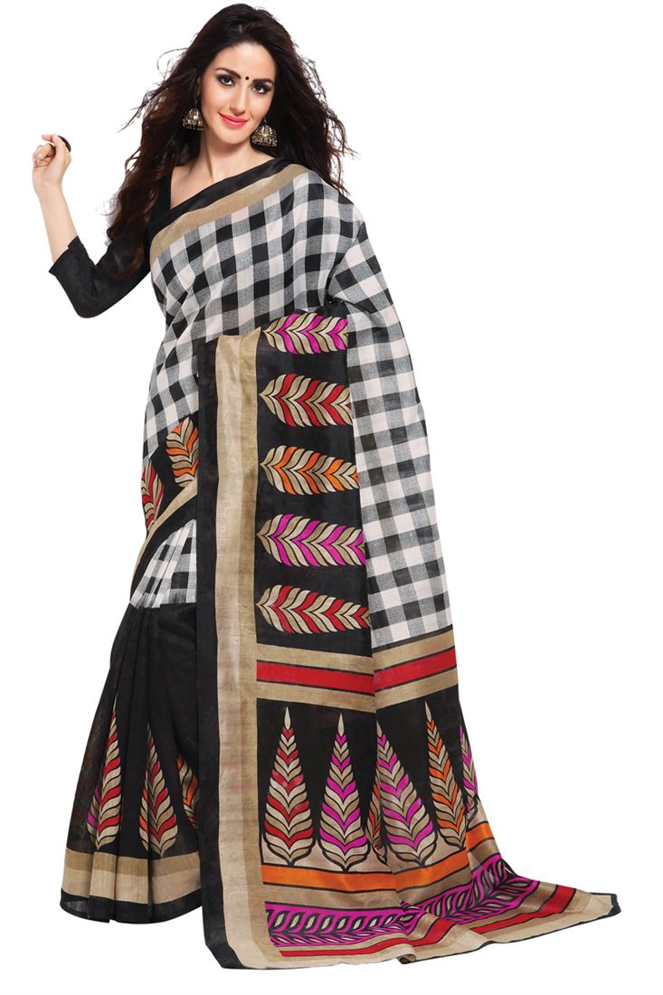 Simple Black,White Printed Silk  Saree