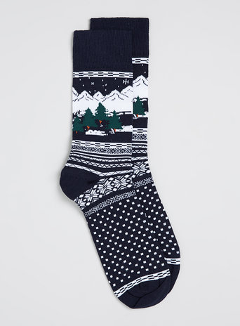 Navy Christmas Fairisle Winter Scene Socks