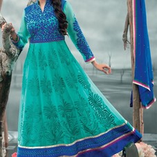 Bhagyashree Teal, Blue Georgette Heavy Zari Work Knee Length Suit
