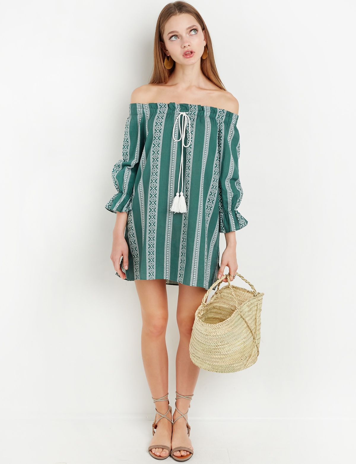 Green Boho Off the Shoulder Mini Dress