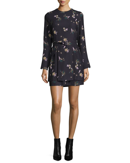 A.L.C. Jardani Belted Floral Silk Mini Dress, Blue