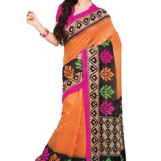 Casual Orange,Black Color Printed Silk Saree