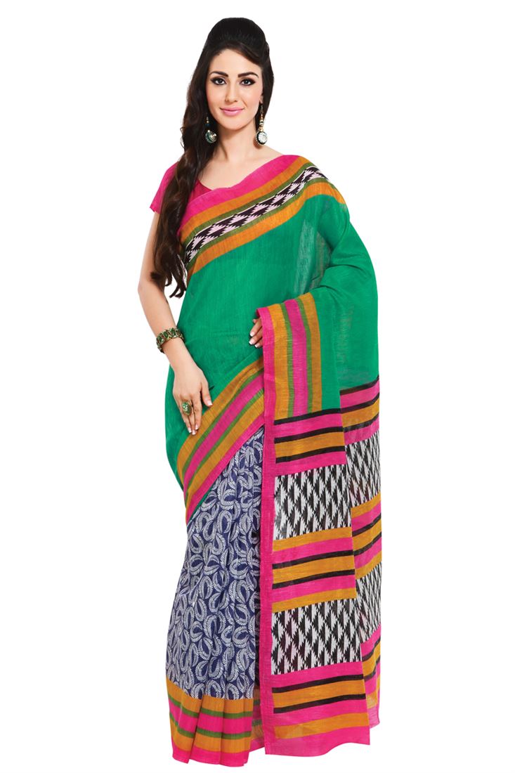 Casual Seagreen,Blue Color  Printed Silk Saree