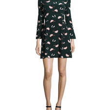 10 Crosby Derek Lam Bell-Sleeve Floral A-Line Dress, Black/Green/Multicolor