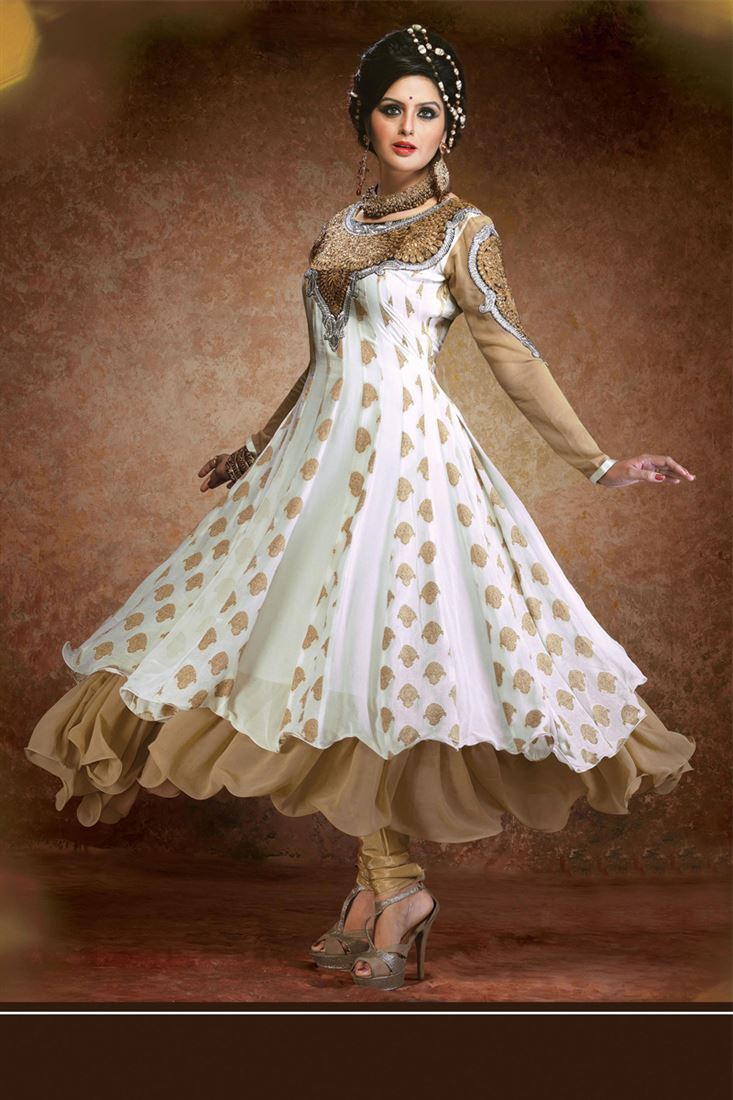 Fawn ,White Georgette Resham Emboidered Ankle Length Suit