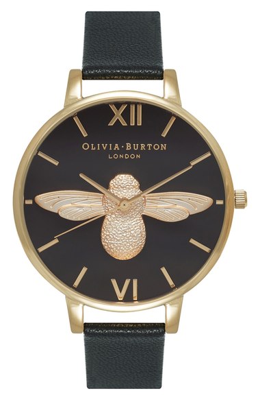 Olivia Burton 'Molded Bee' Leather Strap Watch, 38mm | Nordstrom
