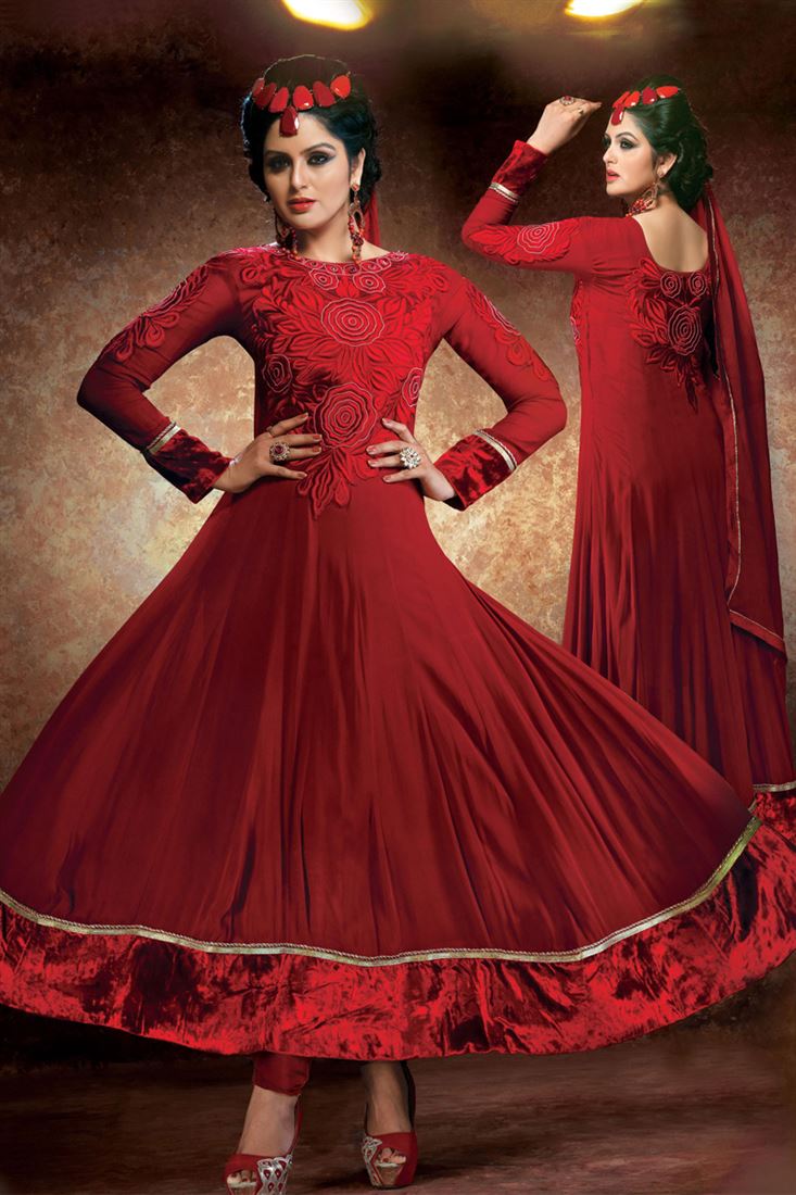 Maroon Georgette Resham Emboidered  Ankle Length Suit