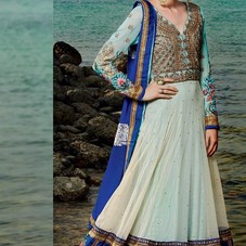 Blue, Ivory Net Party Wear Floor Touch Suit