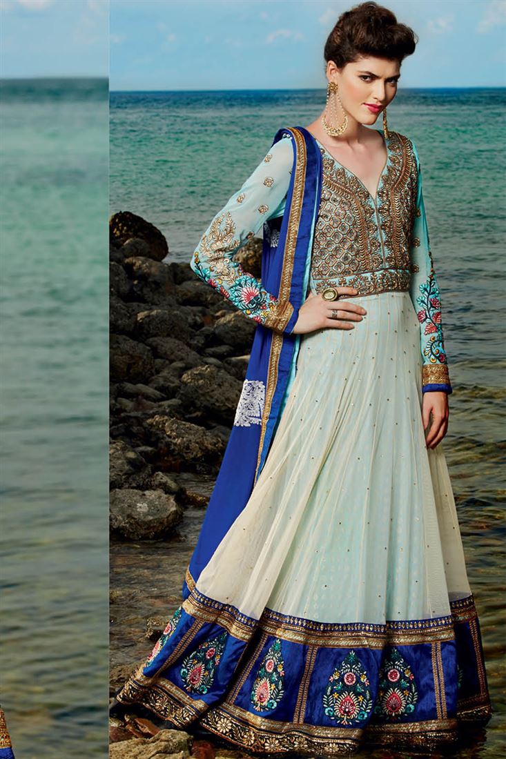 Blue, Ivory Net Party Wear Floor Touch Suit