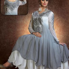 Grey, Off White Georgette  Resham Emboidered Ankle Length Suit