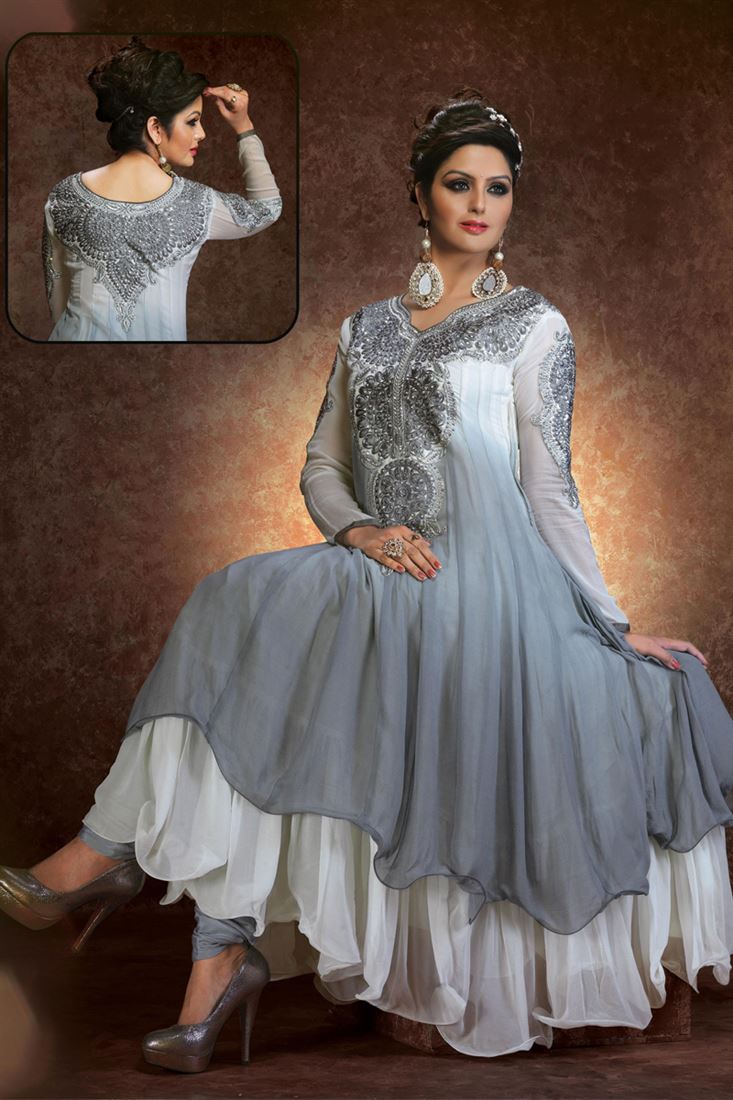 Grey, Off White Georgette  Resham Emboidered Ankle Length Suit