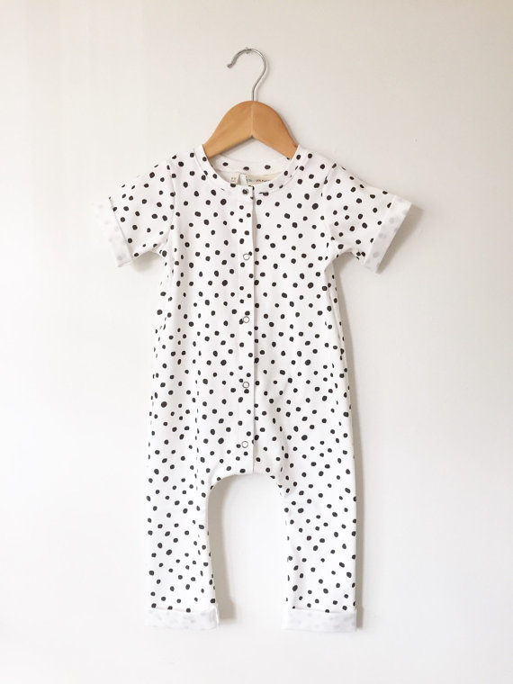 Organic baby romper in hand drawn polka dots by LolaandStella