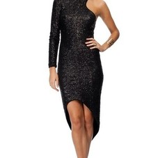 BLACK DREW SEQUIN ONE SLEEVE COCTAIL MINI MIDI DRESS