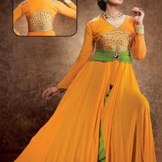 Orange, Pastel Green Georgette  Resham Emboidered Ankle Length Suit