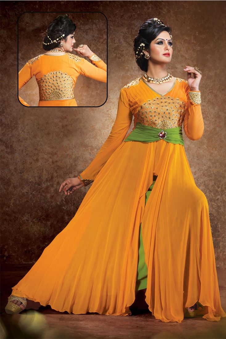 Orange, Pastel Green Georgette  Resham Emboidered Ankle Length Suit
