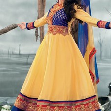Bhagyashree Golden Orange, Blue Georgette Heavy Zari Work Knee Length Suit