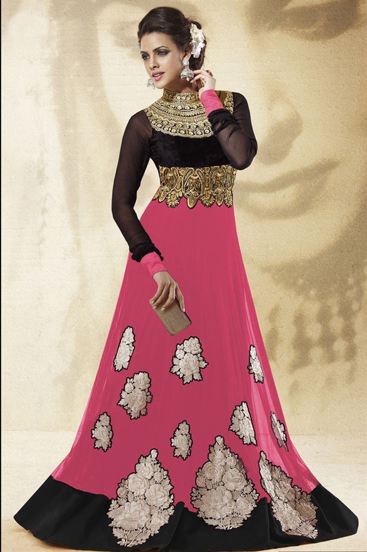 Georgette, Net Black, Hot Pink Party Wear Anarkali Salwar Suit
