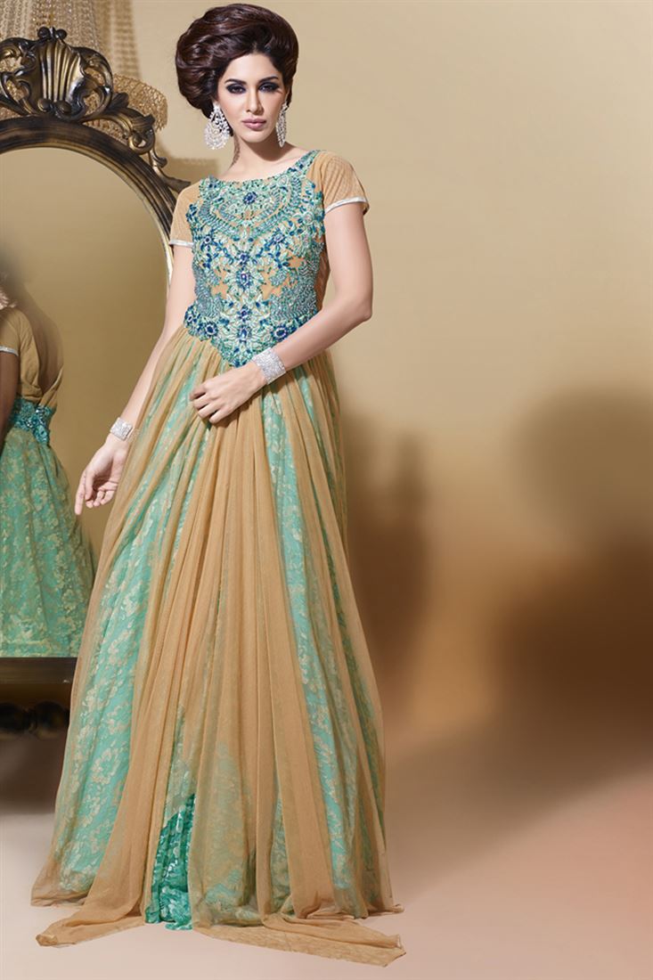 Fawn, Sky Blue Net  Embroidered Designer Suit