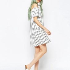 ASOS | ASOS Off Shoulder Swing Dress in Vertical Stripe at ASOS
