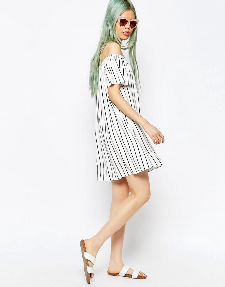 ASOS | ASOS Off Shoulder Swing Dress in Vertical Stripe at ASOS