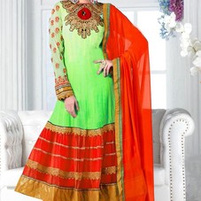 Lime, Red Net, Georgette Resham Embroidered Anarkali Suit