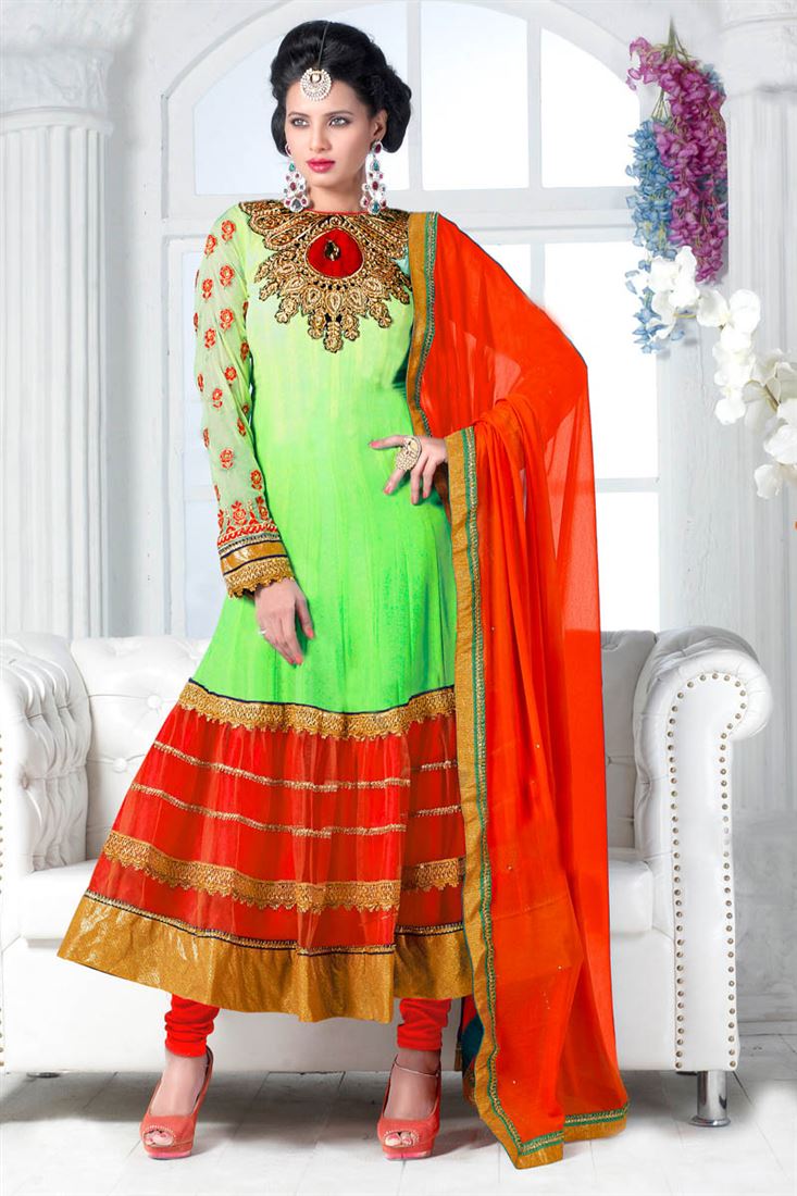 Lime, Red Net, Georgette Resham Embroidered Anarkali Suit