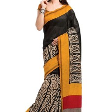 Stylish Black,Orange Color Printed Silk Saree